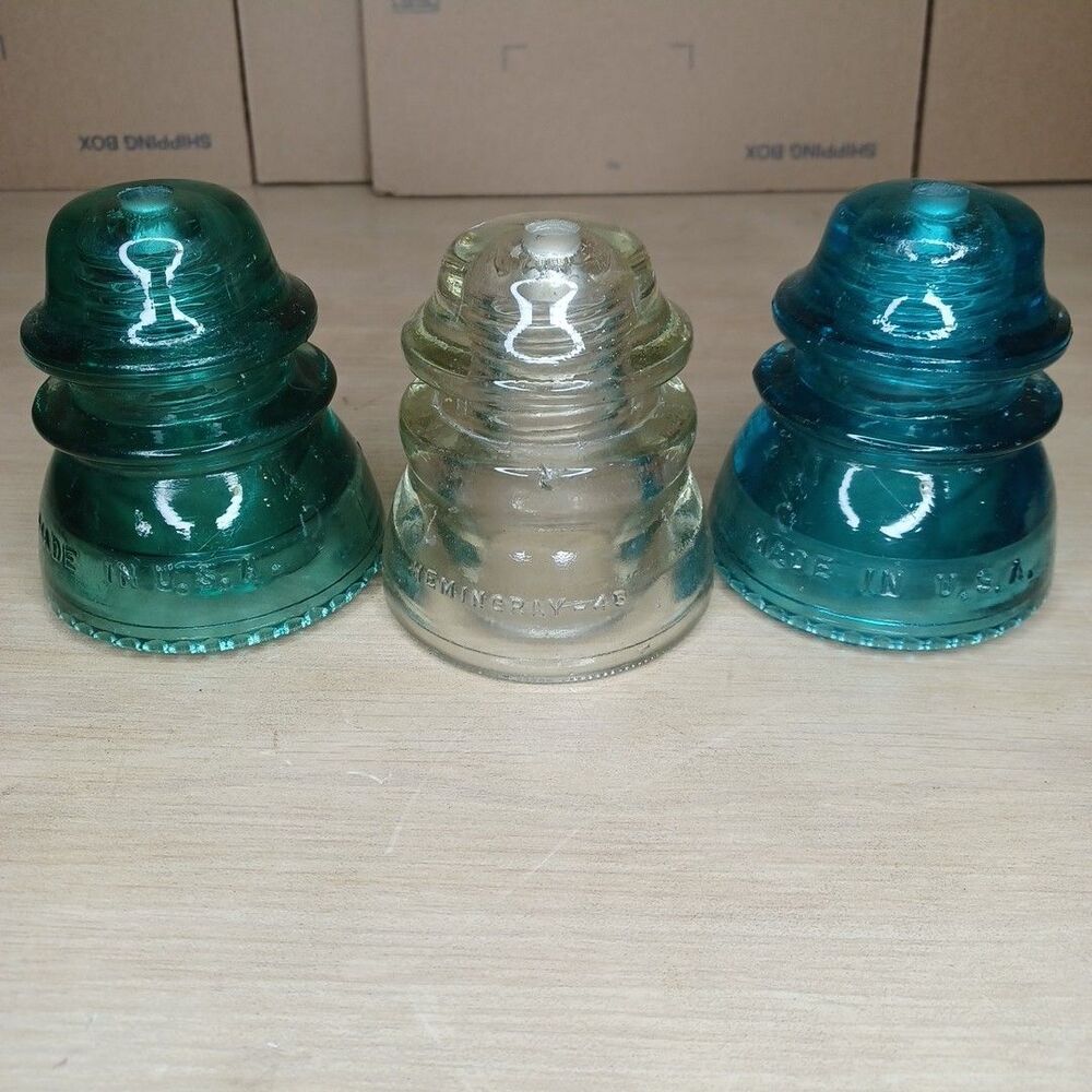 3 Blue Green & Clear Predrilled Lot VTG Hemingray Glass Insulators Railroad USA